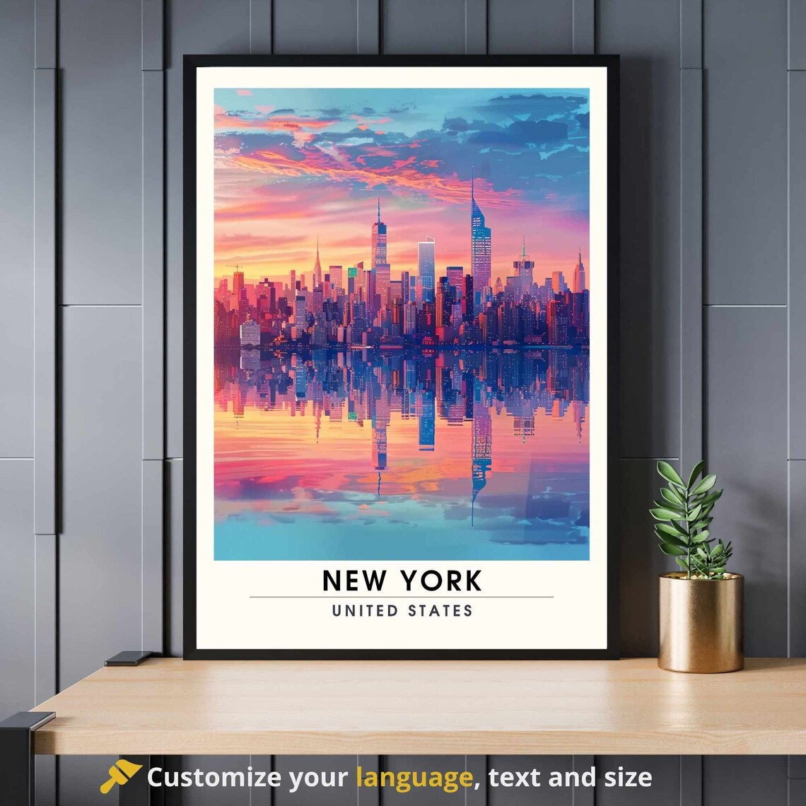 New York City Skyline Sunset Manhattan Reflection Travel Poster