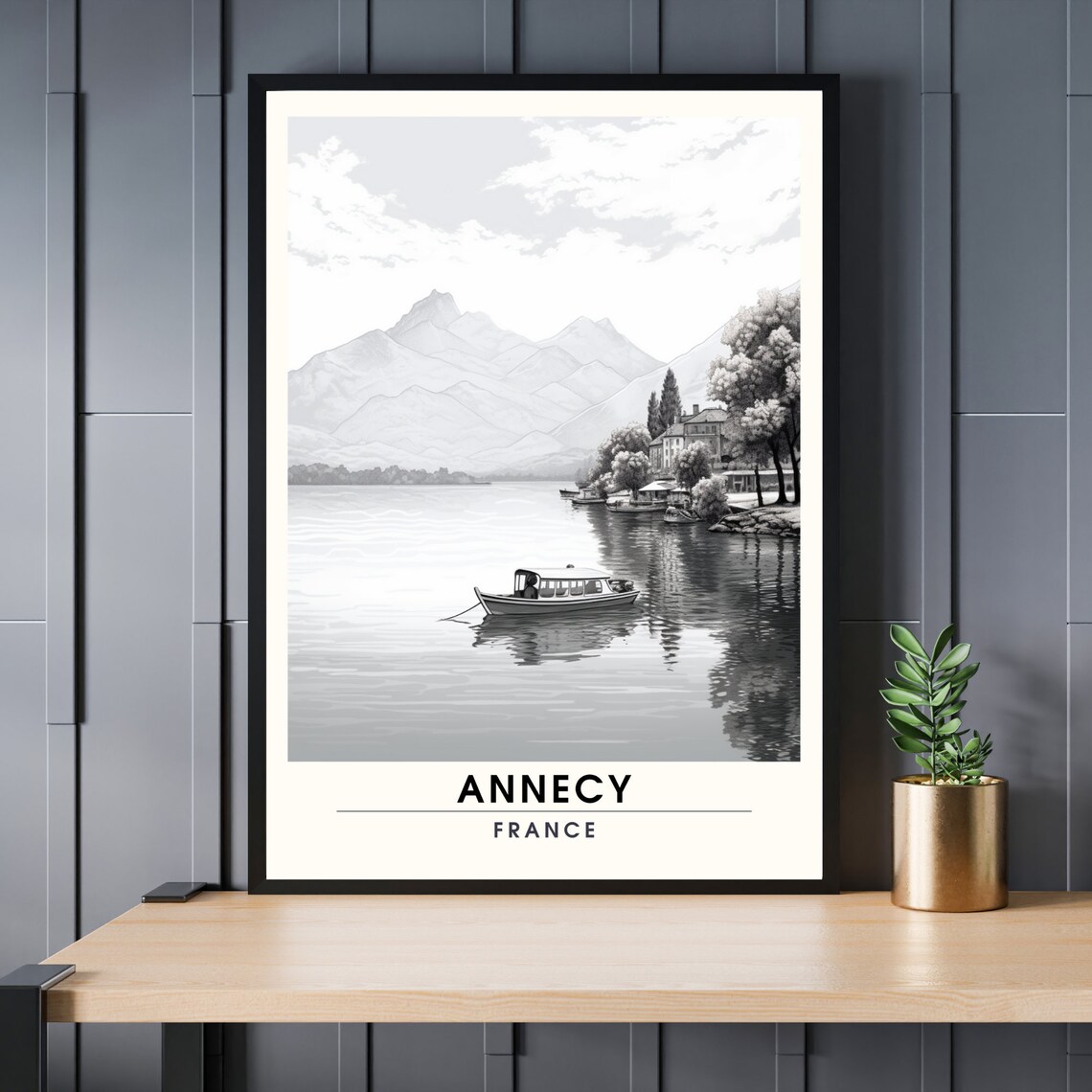 Annecy France Black And White Lake Boat Mountain Travel Poster