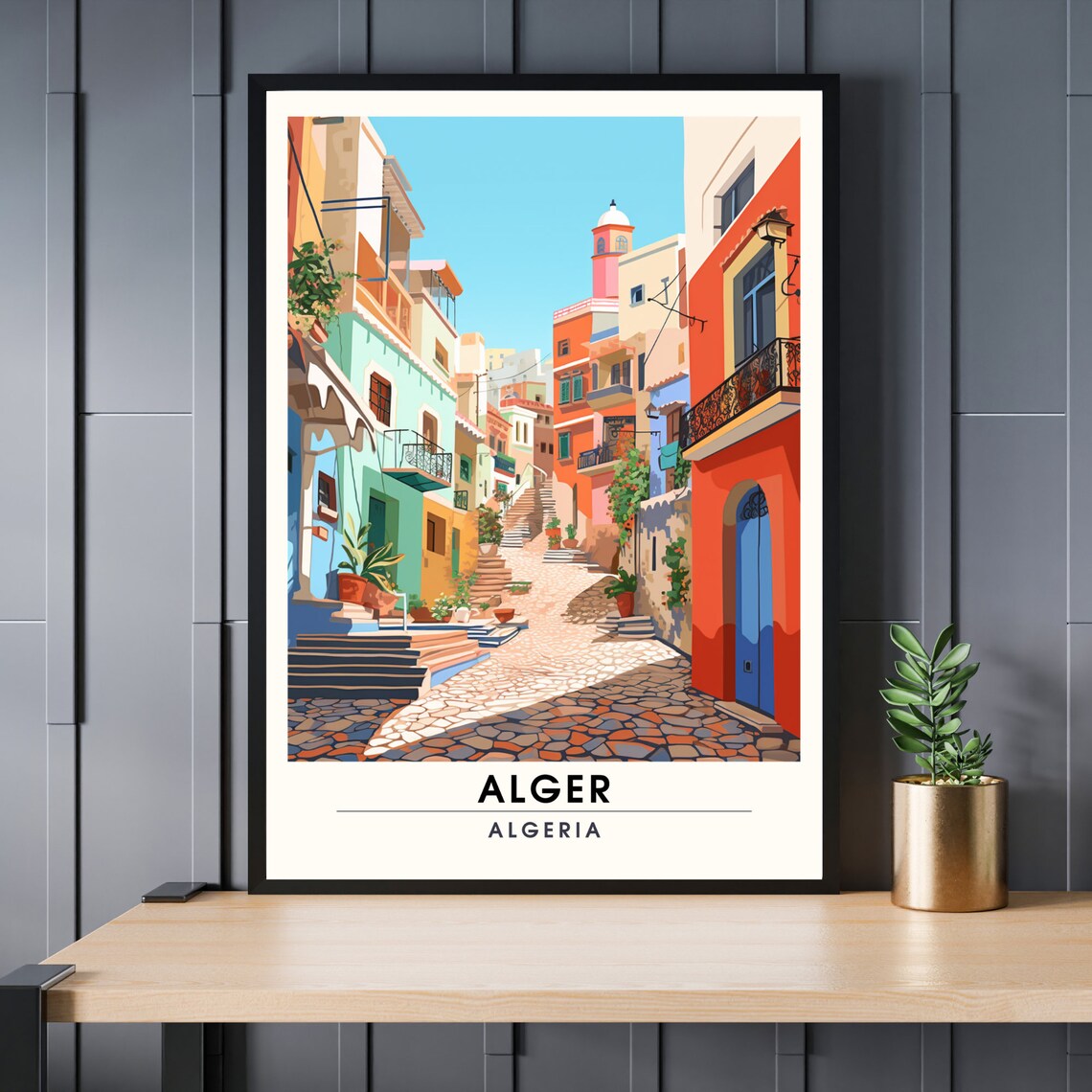 Alger Algeria Casbah Colourful Old Street Cobblestones Travel Poster