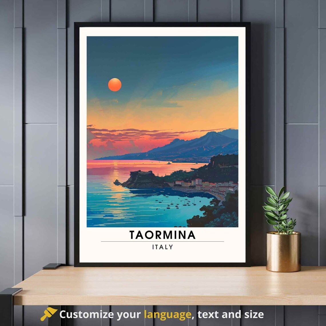 Taormina Italy Travel Poster Sunset Bay Mediterranean Coast Scene
