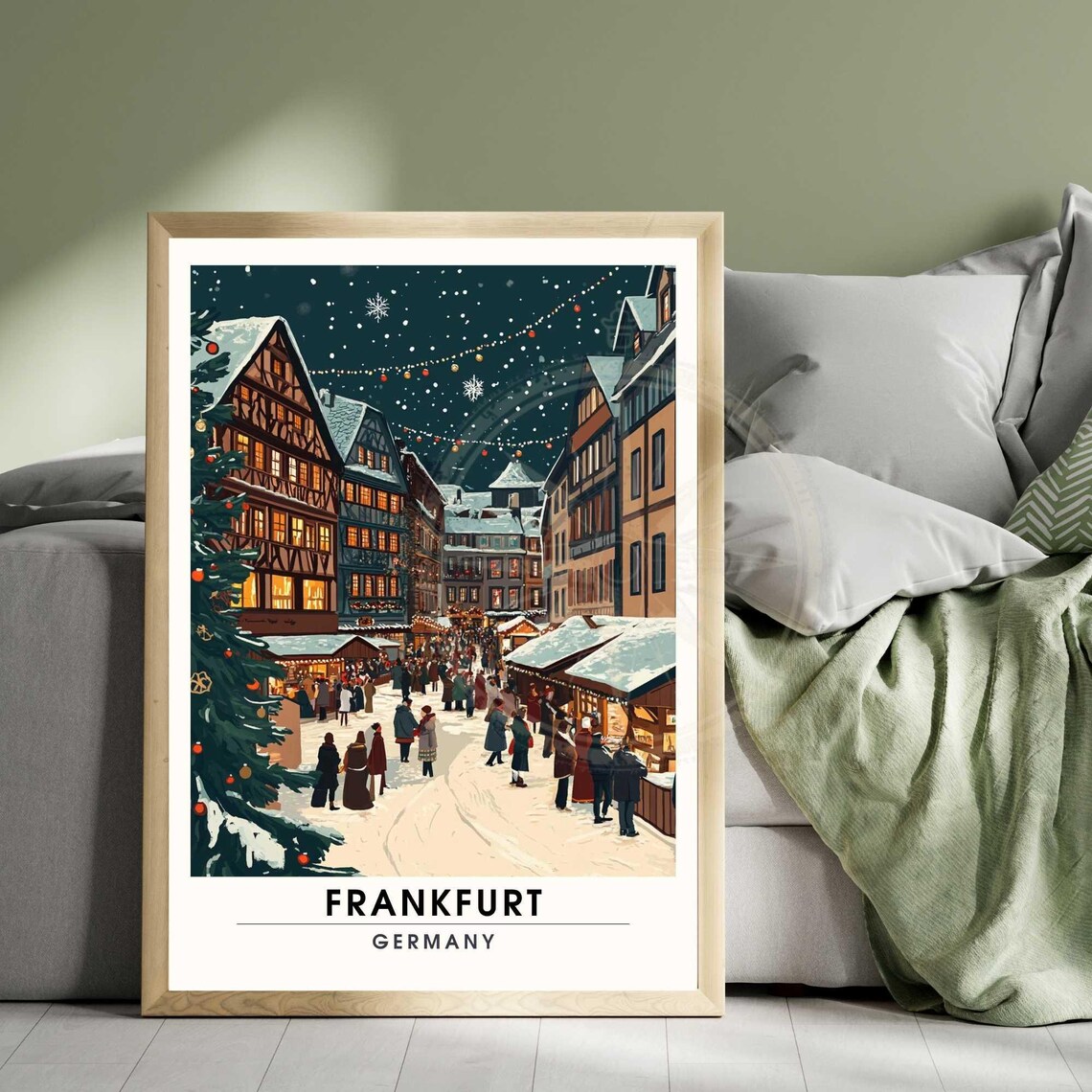 Frankfurt Christmas Market Old Town Night Snow Travel Poster - Image 3