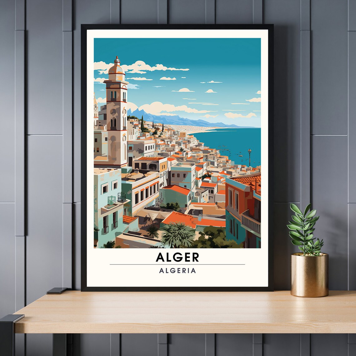 Alger Algeria White City Bay Hillside Minaret Vintage Travel Poster