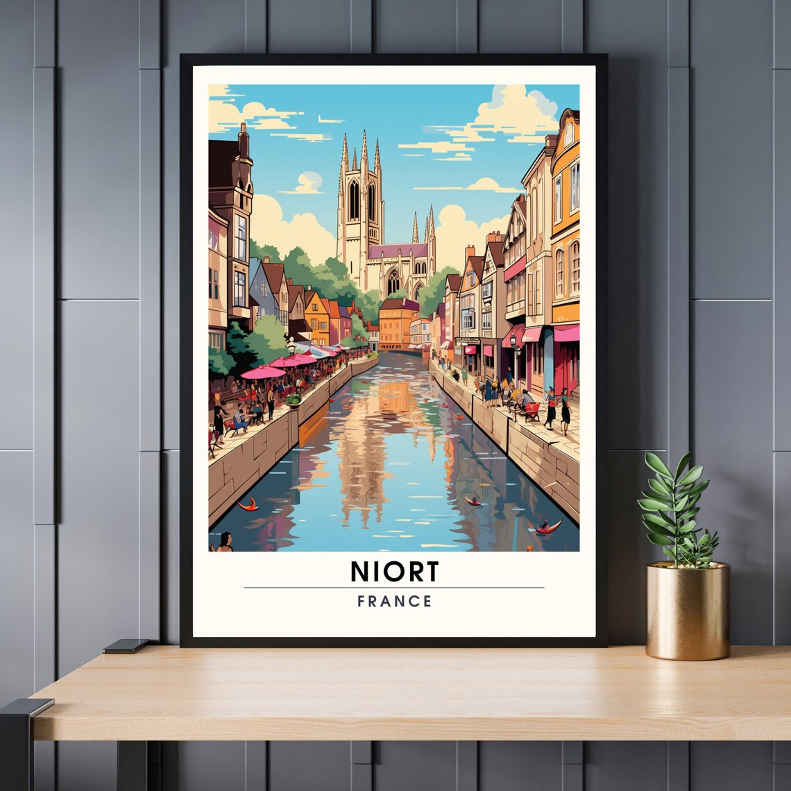 Charming Niort France Riverside Canal Old Town Travel Poster