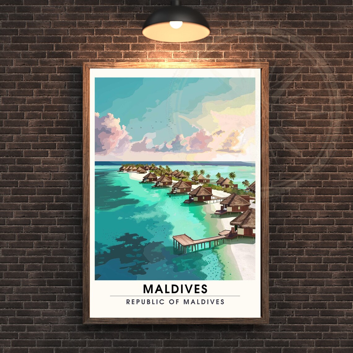 Maldives Overwater Bungalows Turquoise Lagoon Beach View Travel Poster