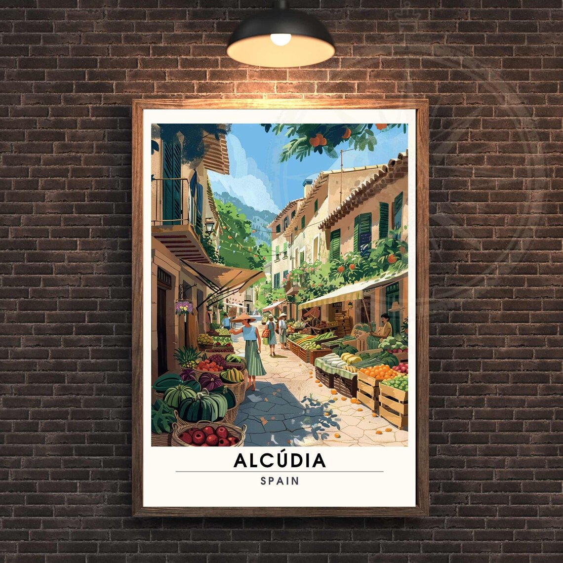 Alcudia Spain Market Street Vintage Mediterranean Travel Poster