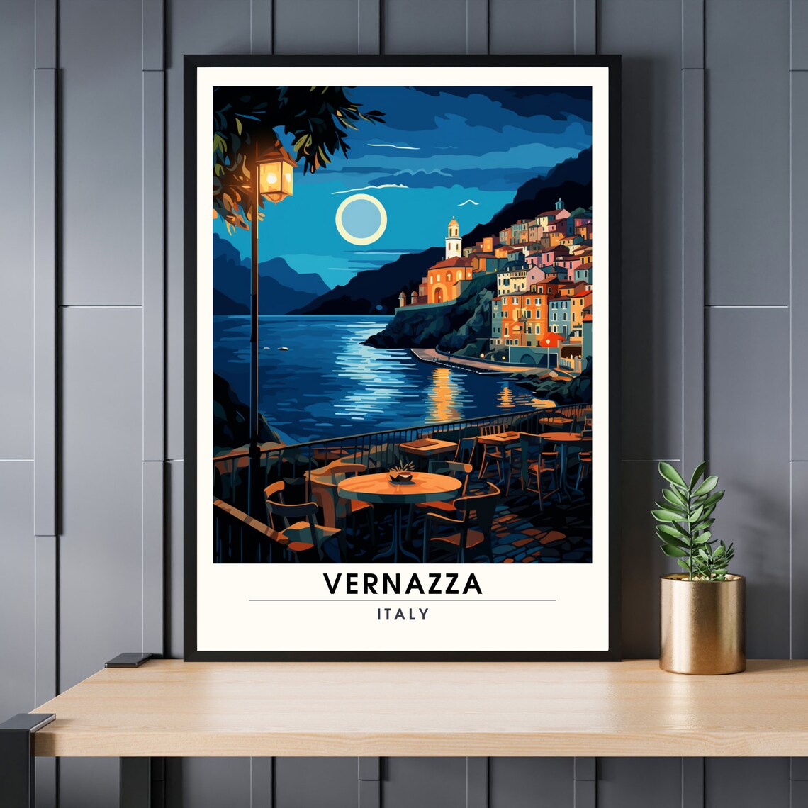 Vernazza Italy Night Harbor Moonlight Cafe Cinque Terre Poster