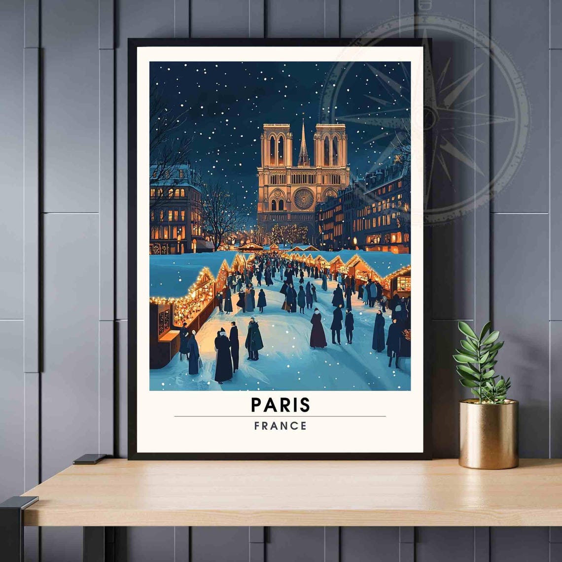 Christmas Paris Notre-Dame Snowy Market Crowd Winter Travel Poster