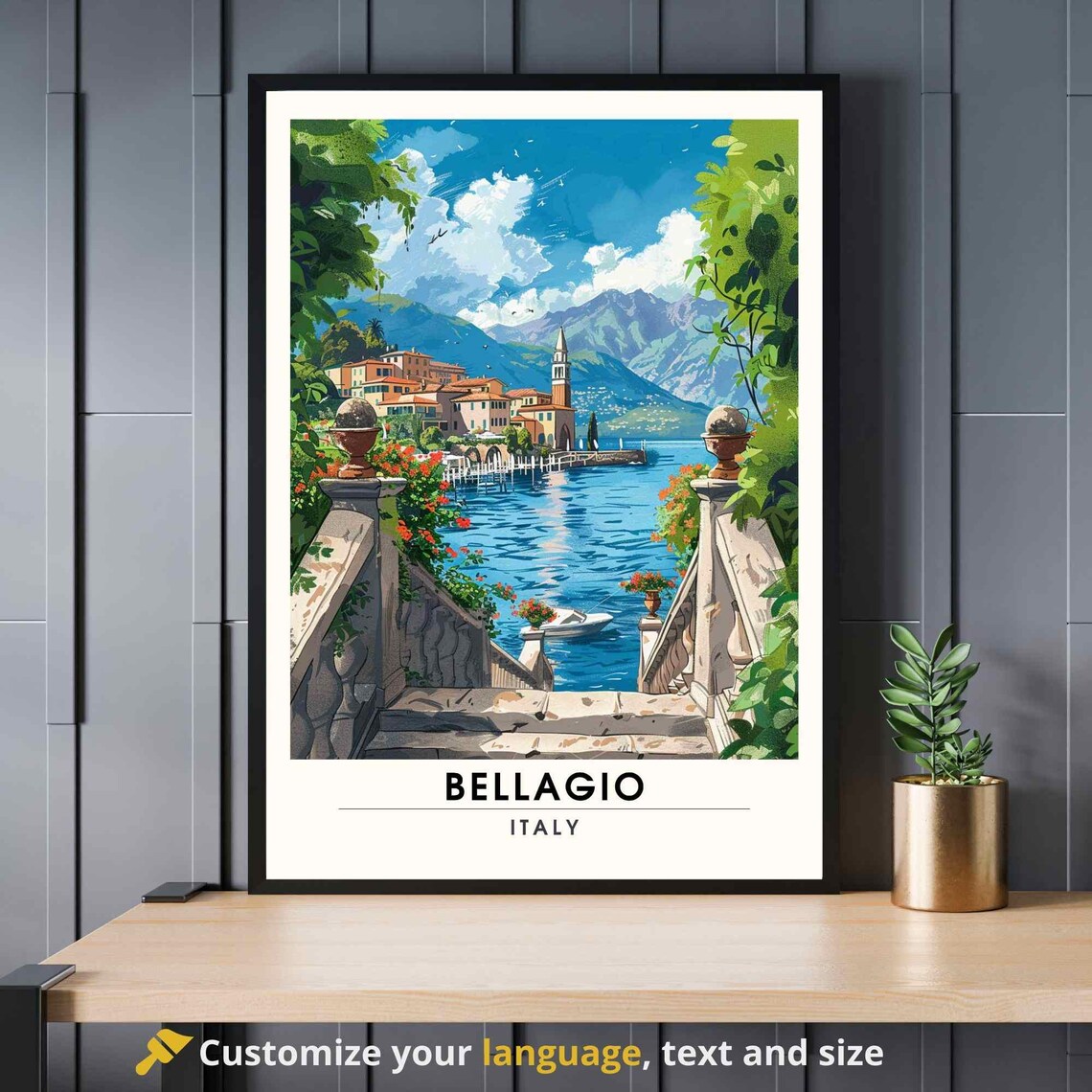 Bellagio Italy Lake Como Villa Staircase Garden View Travel Poster