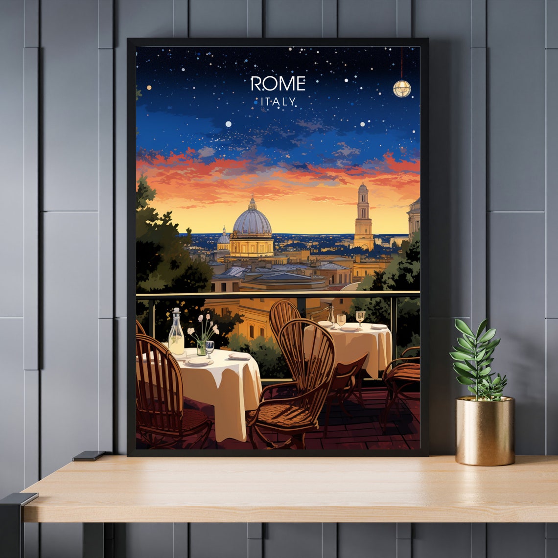 Rome Italy Starry Night Rooftop Poster Terrace with Domes View