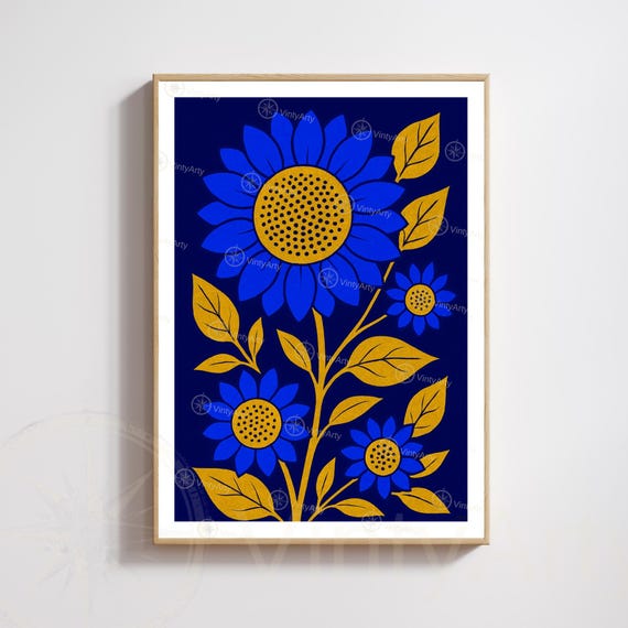 Blue And Gold Sunflowers Print Modern Botanical Poster Floral Wall Art