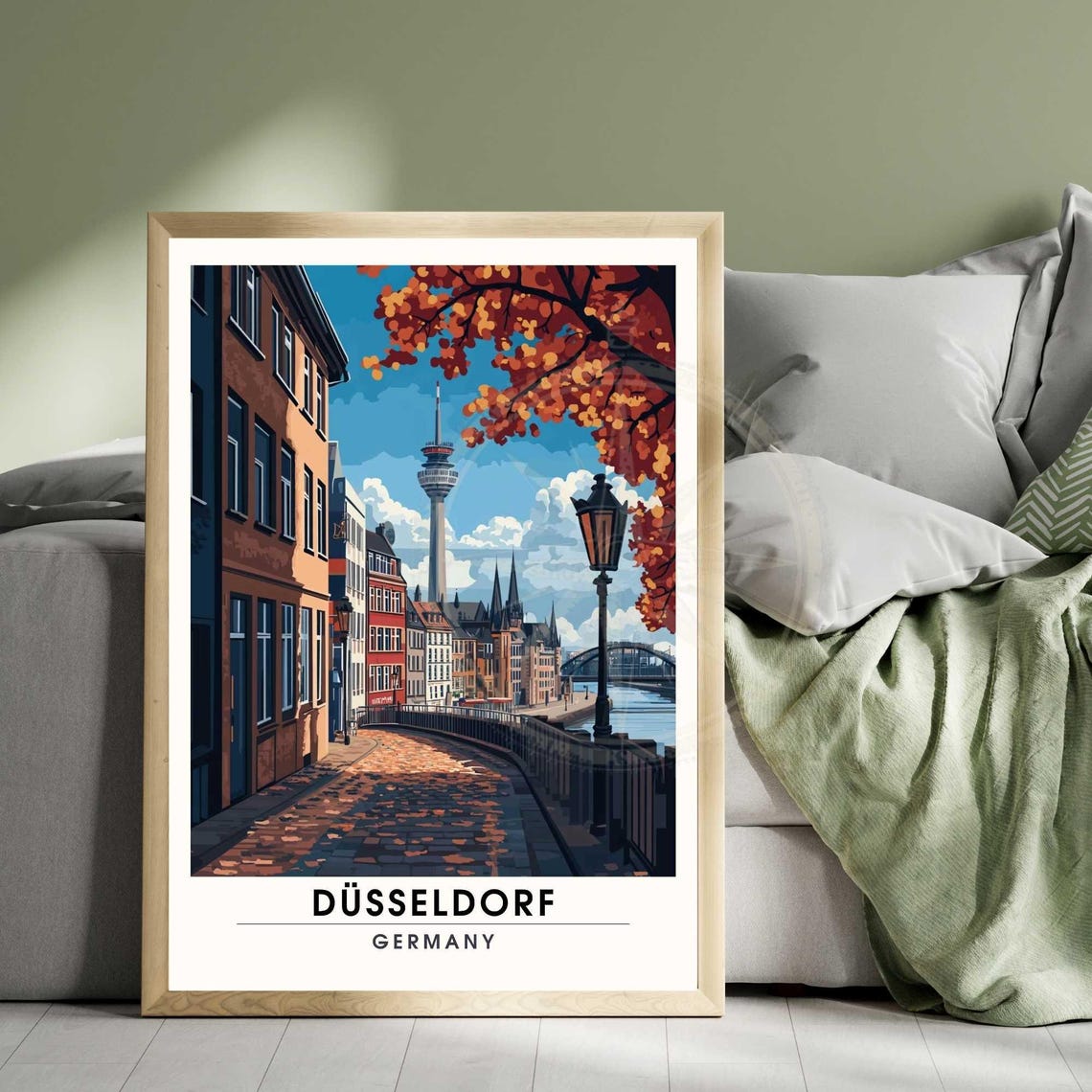 Düsseldorf Autumn Cobblestone Lane Rheinturm Germany Travel Poster - Image 3