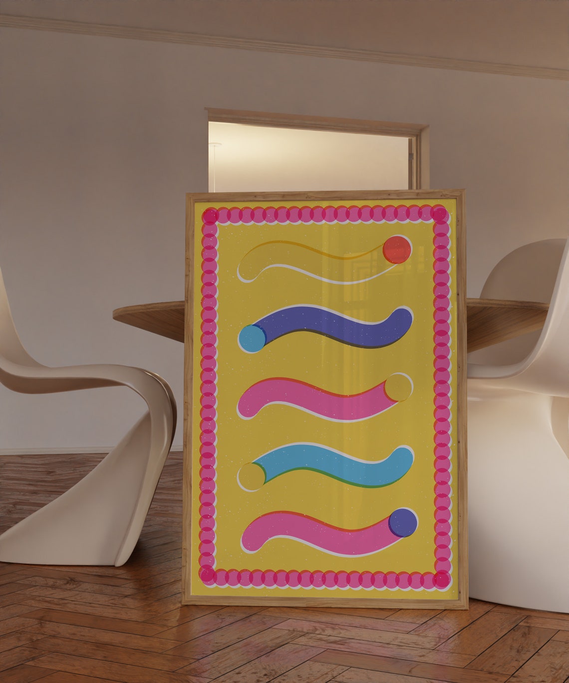 Colorful Squiggle Strokes Yellow Pink Dotted Border Abstract Poster