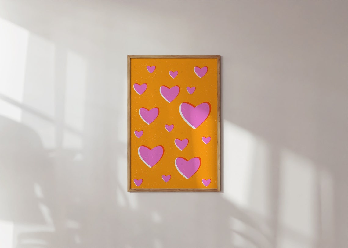 Playful Pink Hearts Geometric Pop Art Poster on Vibrant Orange