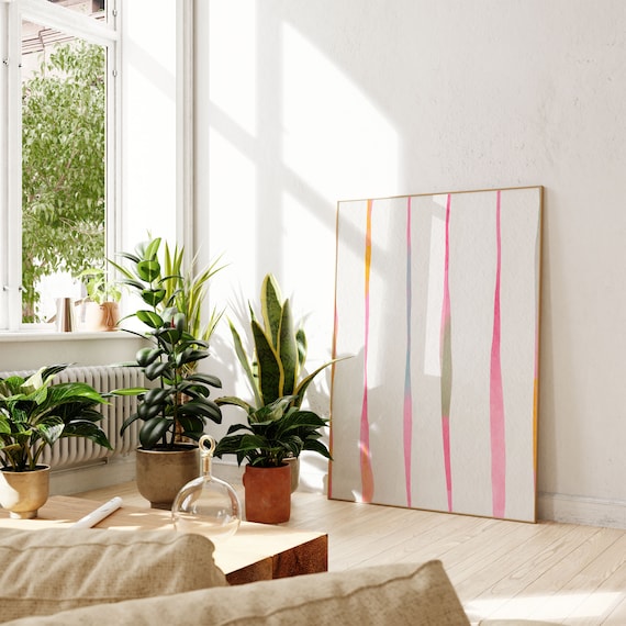Pink Lines Abstract Watercolor Art Print, Minimalist