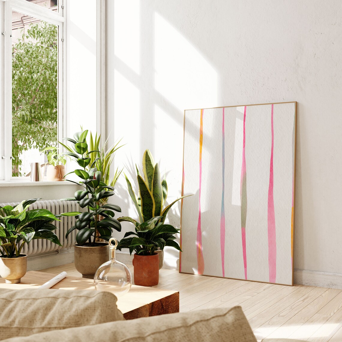 Pink Lines Abstract Watercolor Art Print, Minimalist