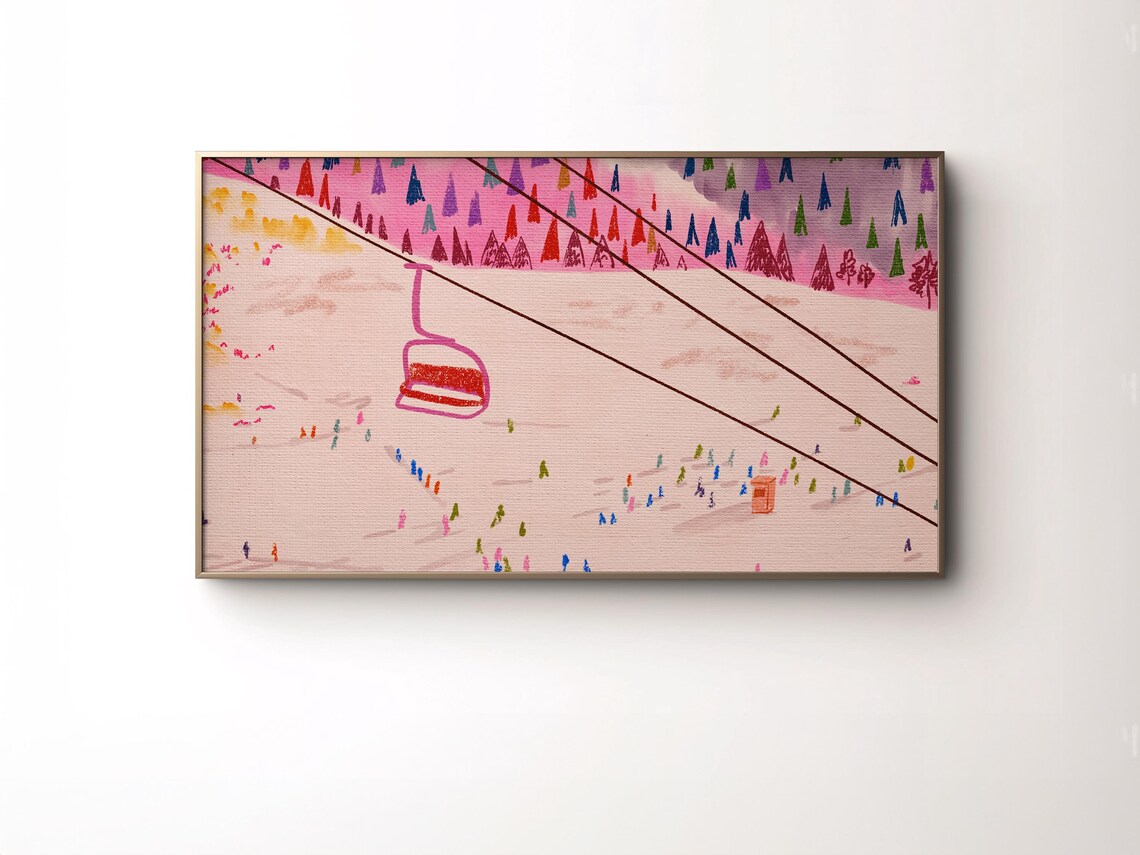 Pink Winter Ski Slope Painting Whimsical Alpine Chairlift Wall Print