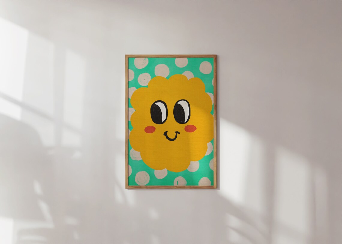 Daisy Smile Happy Flower Face Polka Dot Kids Room Playful Wall Art