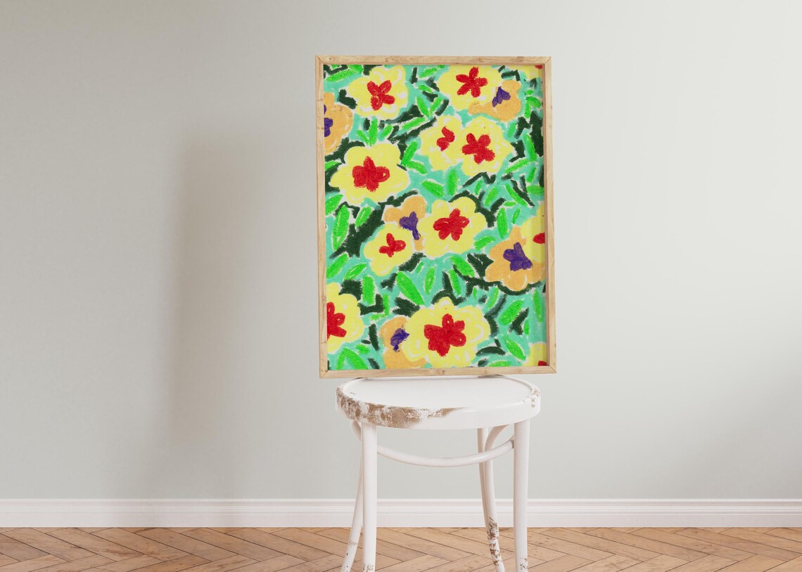 Abstract Floral Wall Art Colorful Botanical Oil Pastel Painting