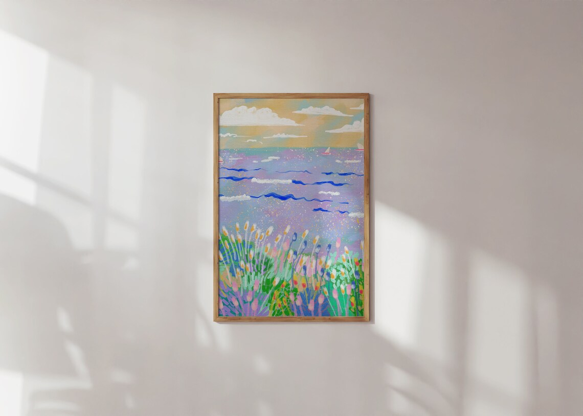Colorful Seascape Painting, Vibrant Beach Scenery