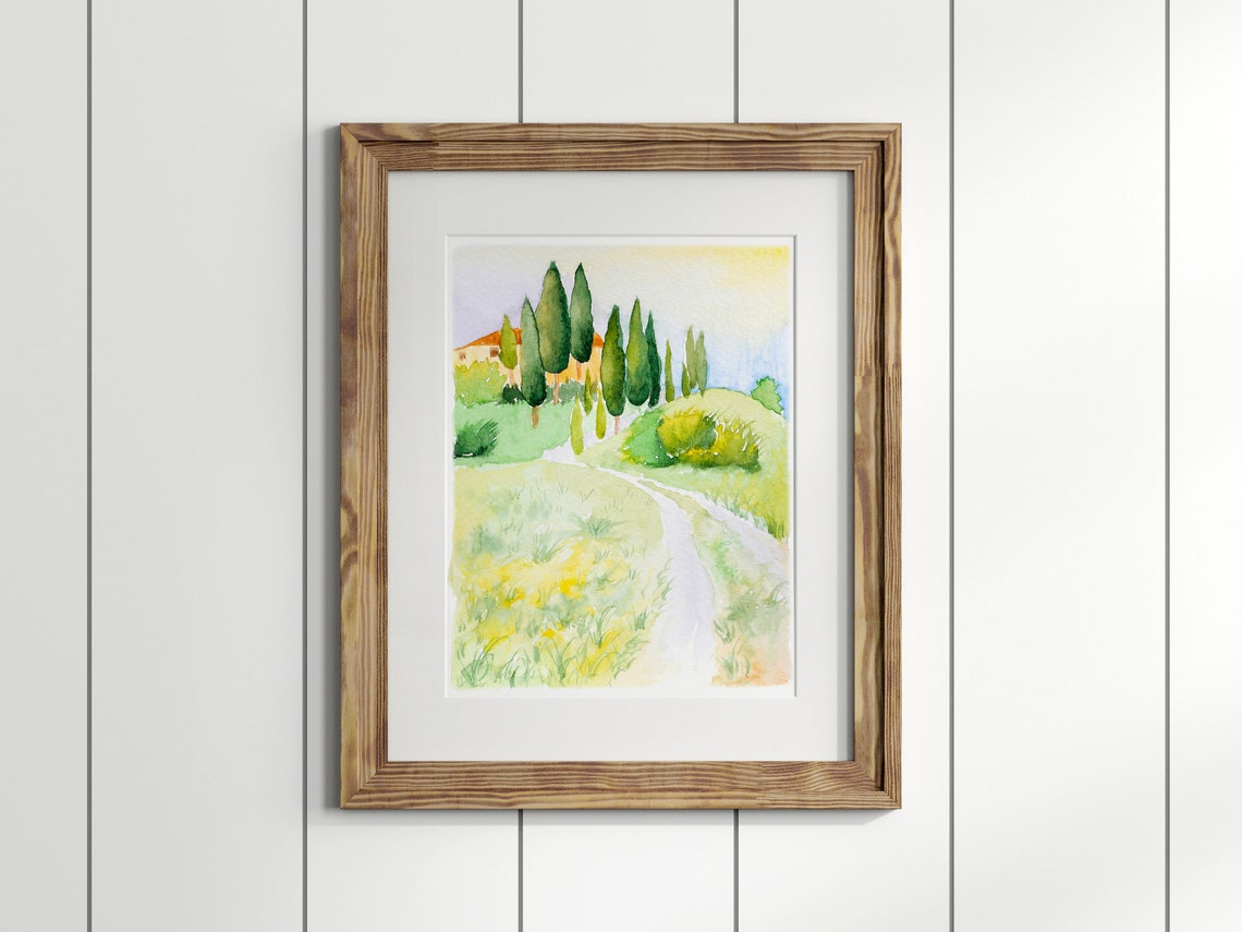 Tuscany Italy Watercolor Cypress Trees Along a Country Lane Poster