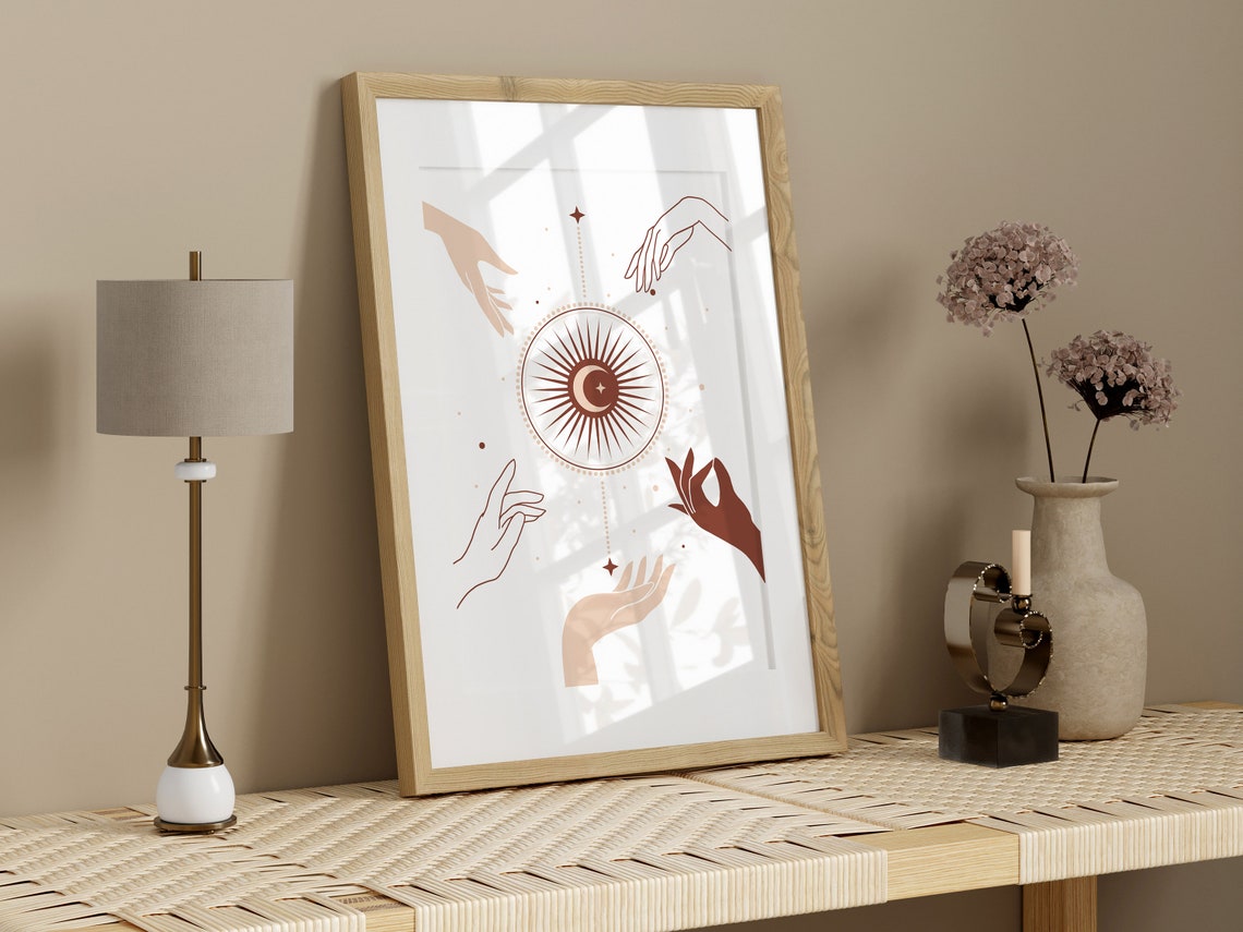Boho Sun And Moon Mystical Hands Celestial Terracotta Art Print - Image 3