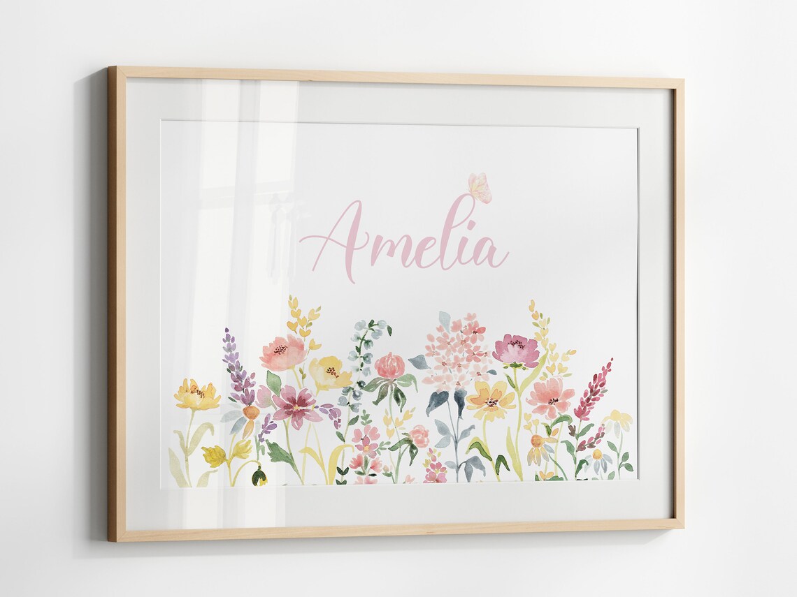 Custom Baby Girl Name Print, Wildflower Nursery Decor