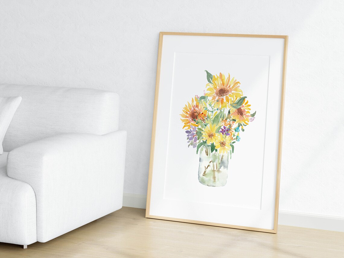 Sunflower Bouquet Watercolor Floral Vase Art Print - Image 2