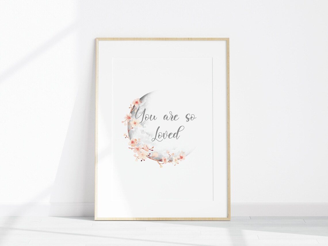 You Are So Loved Watercolor Moon Floral Wreath Nursery Affirmation Poster - Image 2