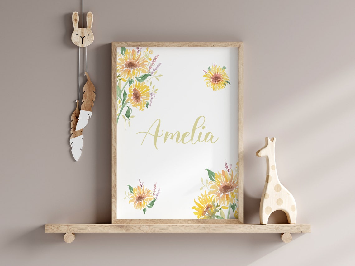 Personalized Sunflower Name Nursery Watercolor Floral Sign Poster - Image 3