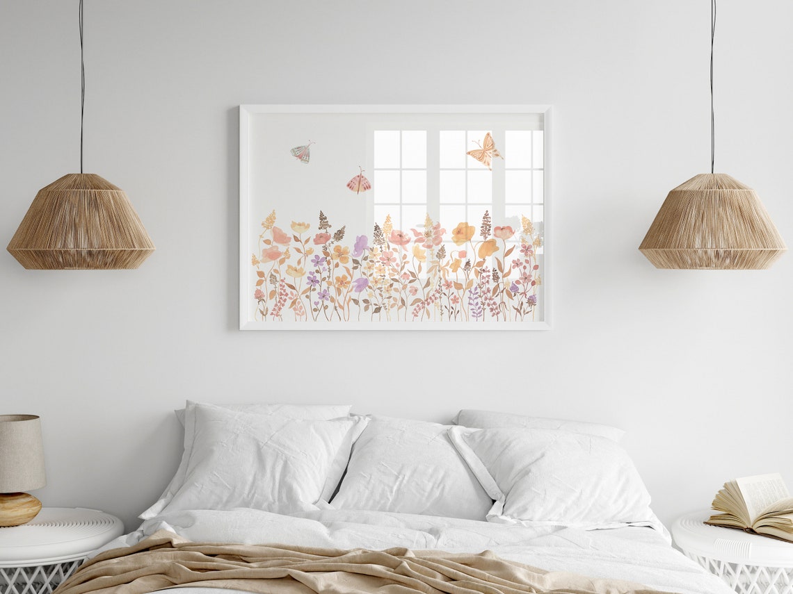 Boho Wildflowers with Butterflies Warm Tone Meadow Watercolor Poster - Image 3