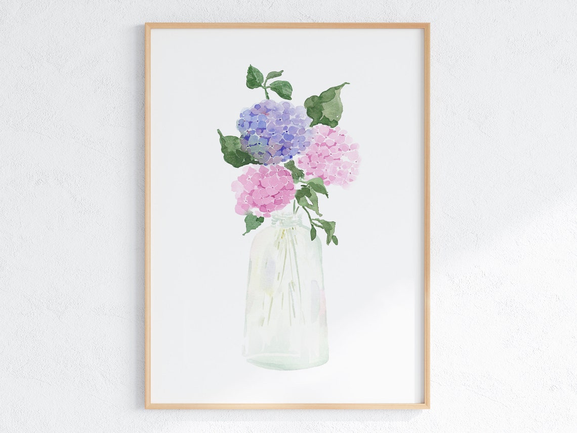 Pink and Blue Hydrangea Glass Vase Watercolor Bouquet Poster