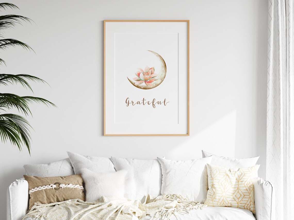 Grateful Moon and Lotus Flower Quote Art Print - Image 2