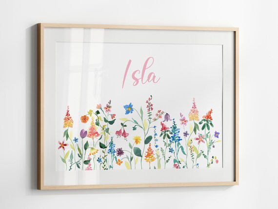 Personalized Wildflower Name Nursery Poster with Rainbow Meadow Blooms