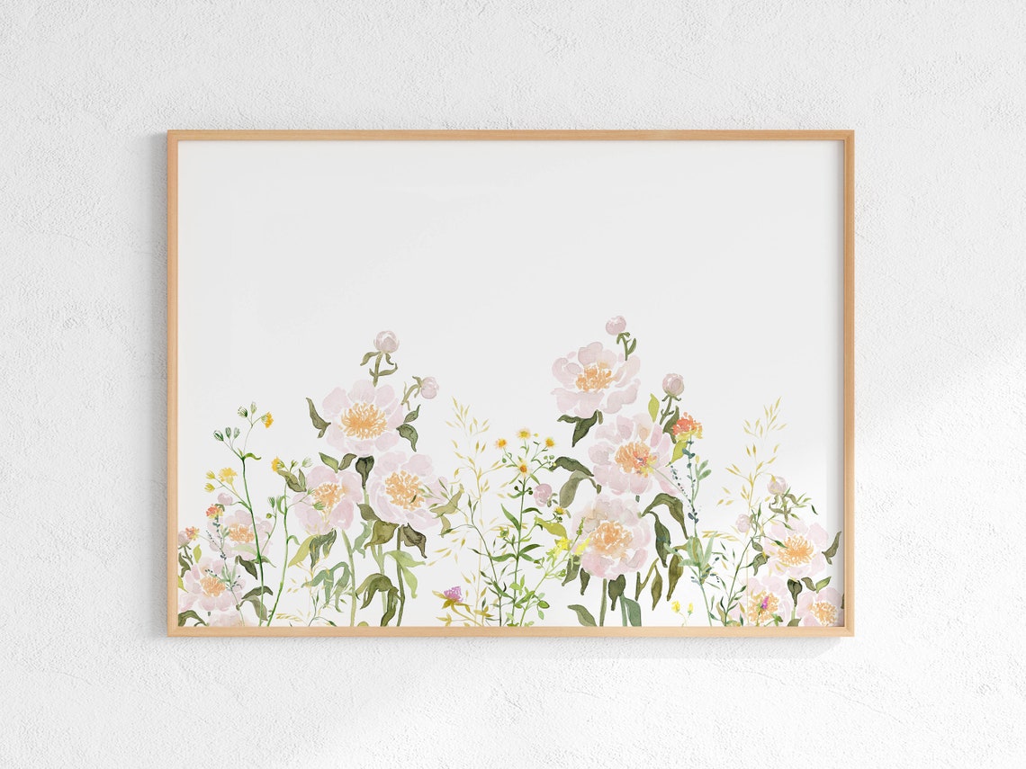Blush Pink Peony Meadow Watercolor Floral Arrangement Wall Art - Image 2