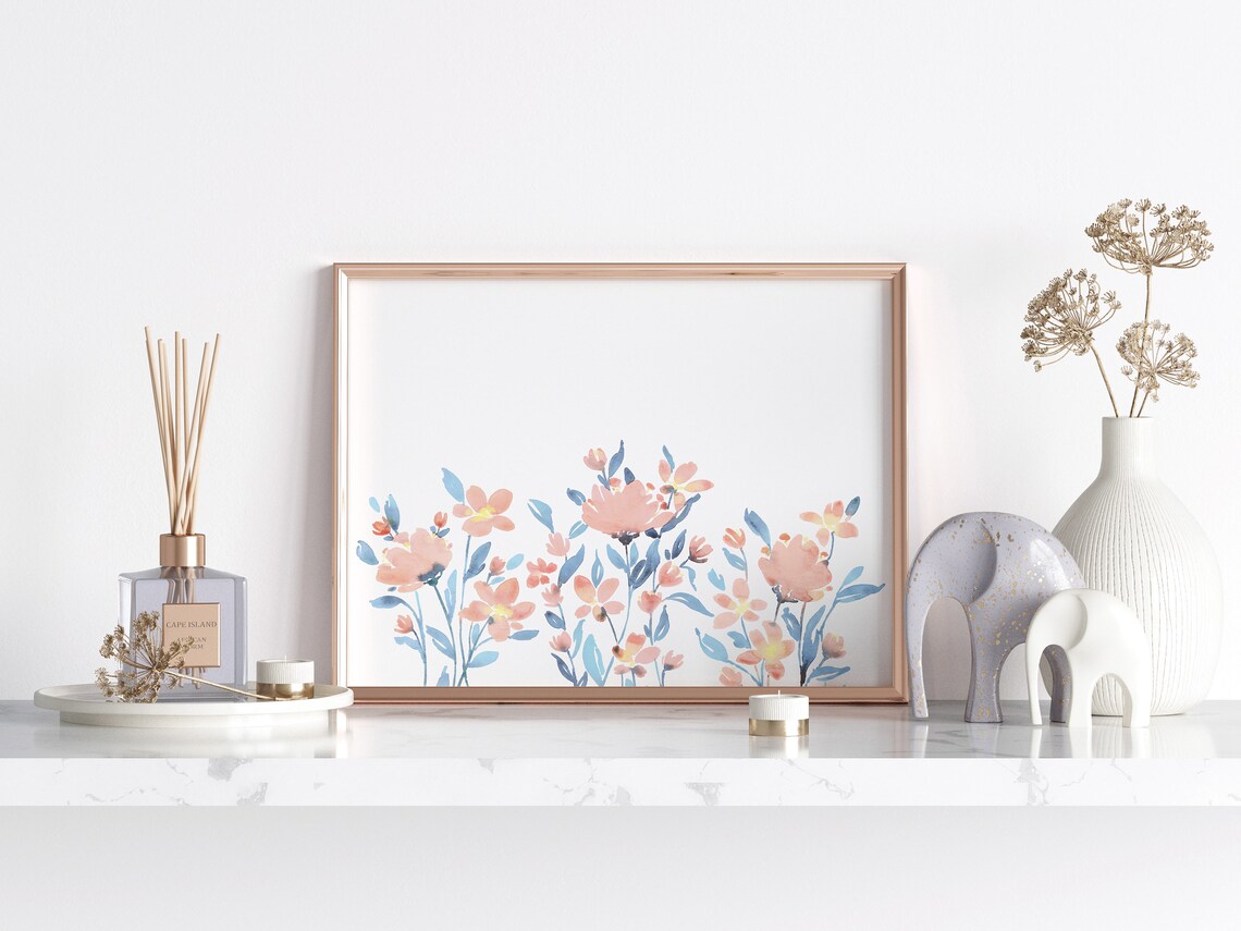 Pink and Blue Wildflower Watercolor Art Print, Horizontal - Image 3