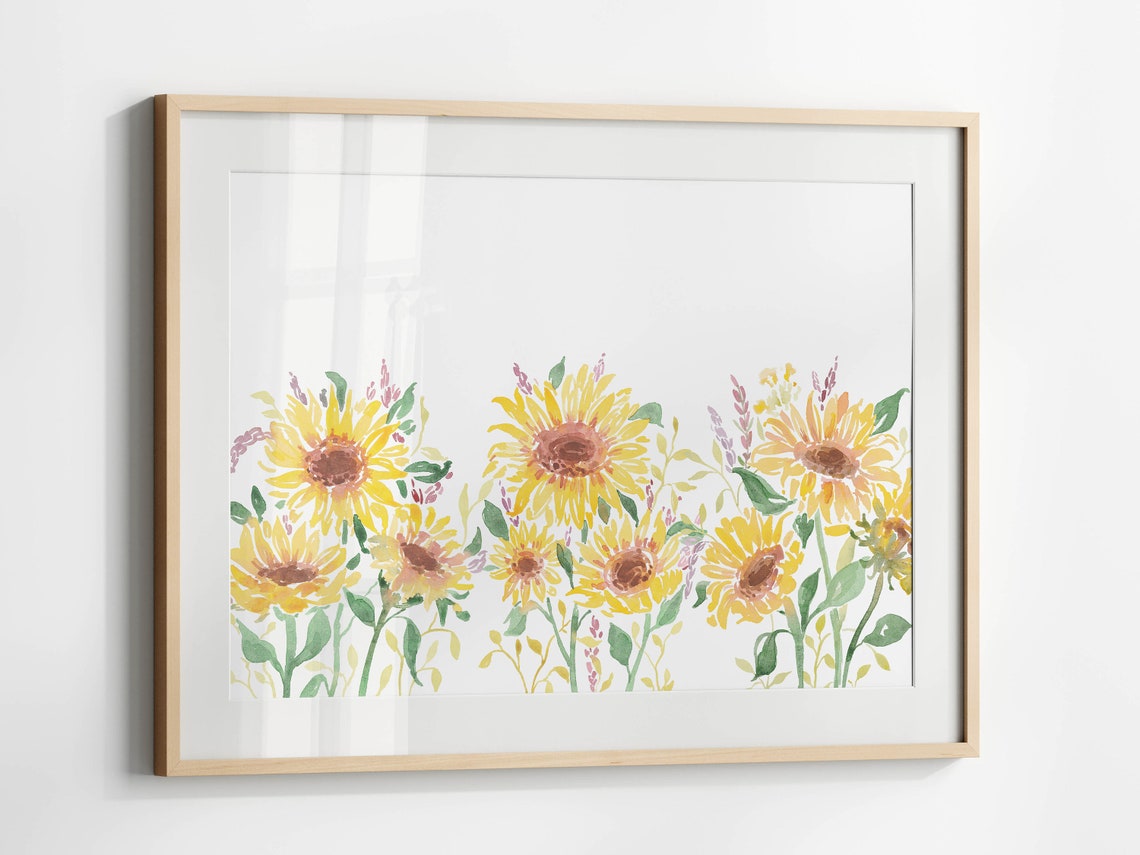 Sunflower Field Yellow Horizontal Watercolor Farmhouse Poster