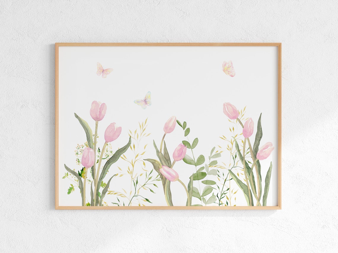 Pink Spring Tulips And Butterflies Horizontal Watercolor Print