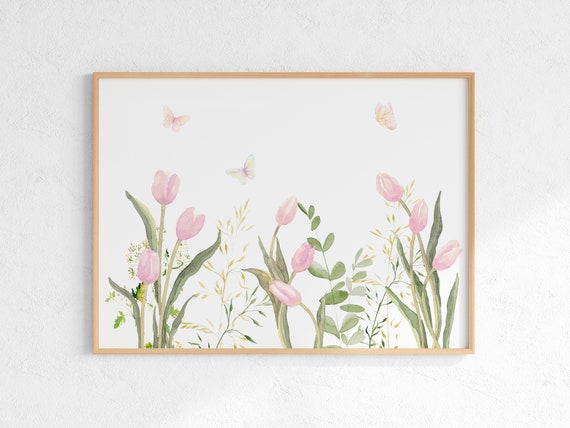 Spring Floral Watercolor Print Horizontal Tulips Wall Art Wildflowers With Butterflies Poster Instant Art