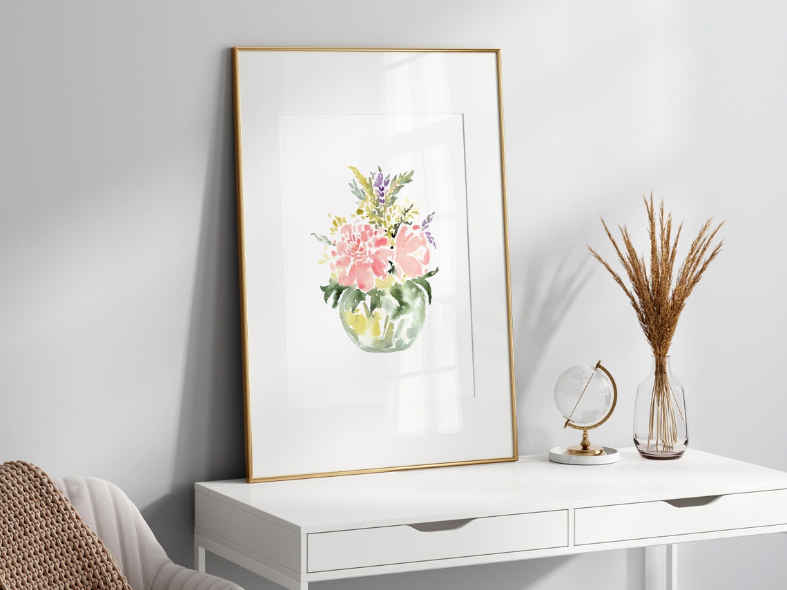 Peony And Lavender Bouquet In Glass Vase Watercolor Floral Poster - Image 3
