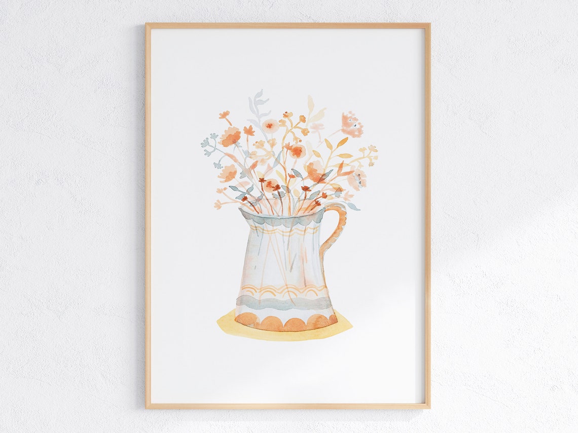 Soft Boho Watercolor Wildflowers in a Ceramic Pitcher Wall Art