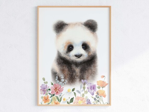 Baby Panda Watercolor Flowers Sweet Nursery Animal Art Poster