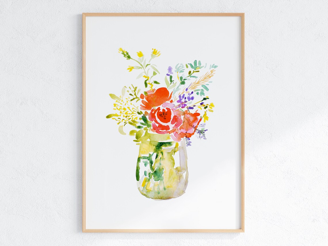 Colorful Flower Bouquet Watercolor Art Print, Farmhouse