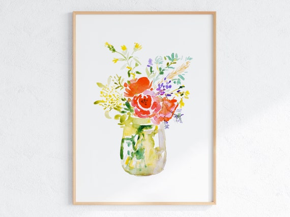 Colorful Flower Bouquet Watercolor Art Print, Farmhouse