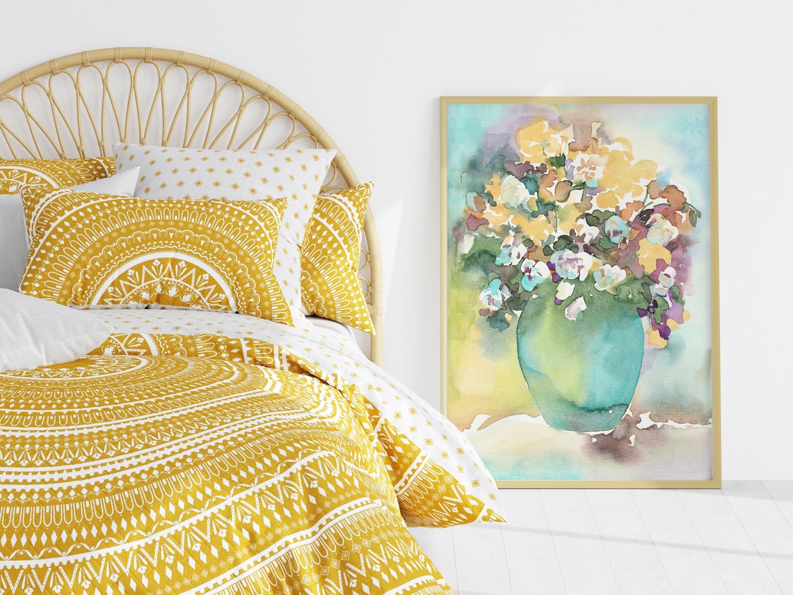 Colorful Wildflower Bouquet Teal Vase Impressionist Watercolor Poster - Image 3