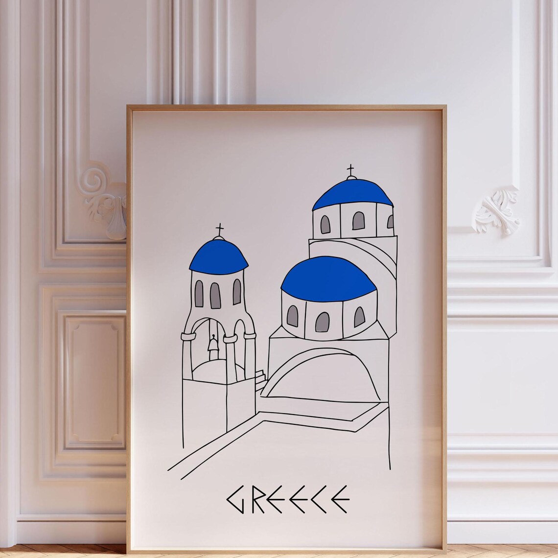 Santorini Greece Blue Domed Churches Minimalist Line Art Poster