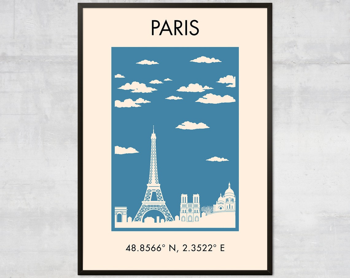 Paris Eiffel Tower Skyline Blue Minimalist Travel Coordinates Poster