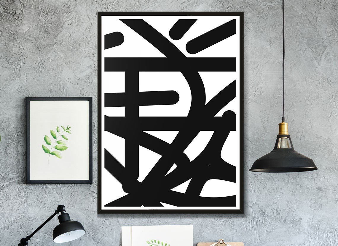 Bold Black Graffiti Line Art Abstract Monochrome Modern Wall Art