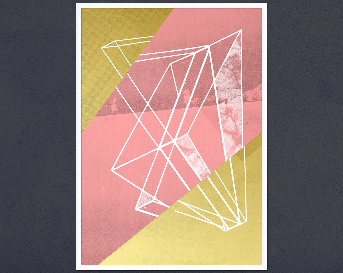 Abstract Geometric Pink Yellow Scandinavian White Line Art Print