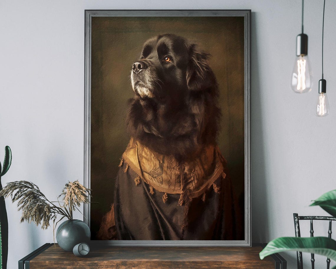 Newfoundland Dog Regal Noble Attire Oil Style Portrait Poster