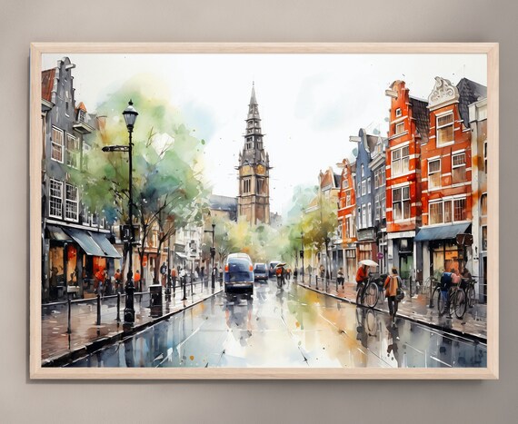 Amsterdam Cityscape Watercolor Painting Netherlands Travel Art Print